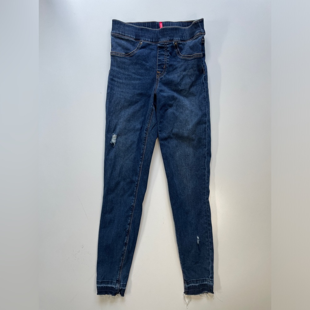 SPANX Distressed Skinny Jeans Womens XS Blue Pull-On Stretch Denim Ankle Raw Hem